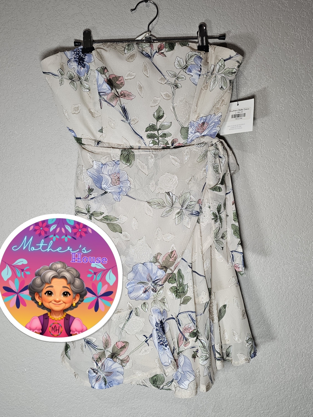 Strapless Floral Sundress in Cream with Blue & Green Accents